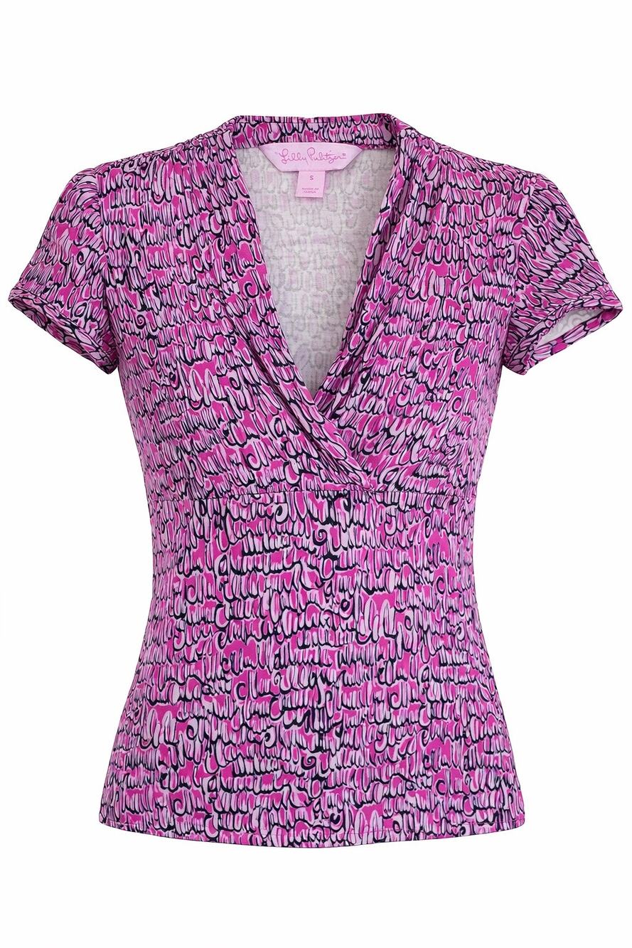 Lilly Pulitzer Silk Top Pink Print V-Neck Short Sleeve Lightweight Blouse S